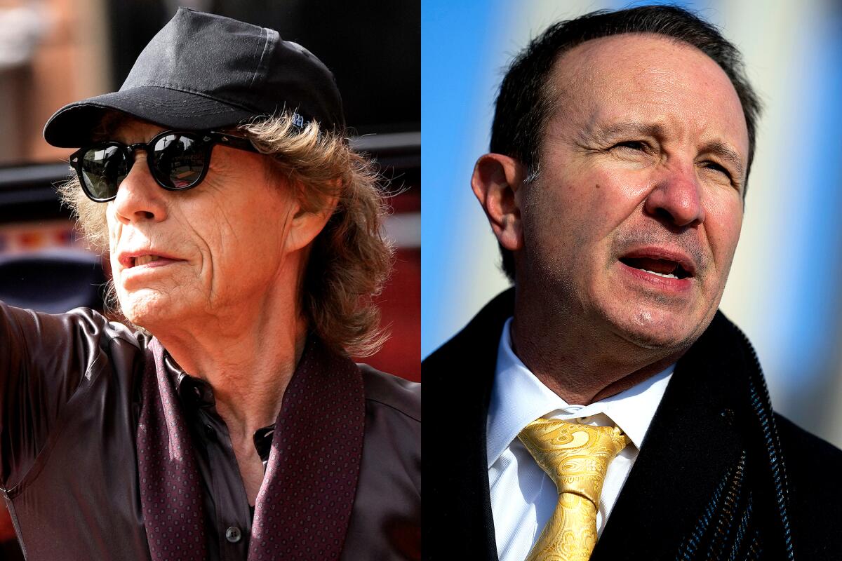 Separate photos of Mick Jagger in a black ballcap and shades and Louisiana Gov. Jeff Landry in coat and tie