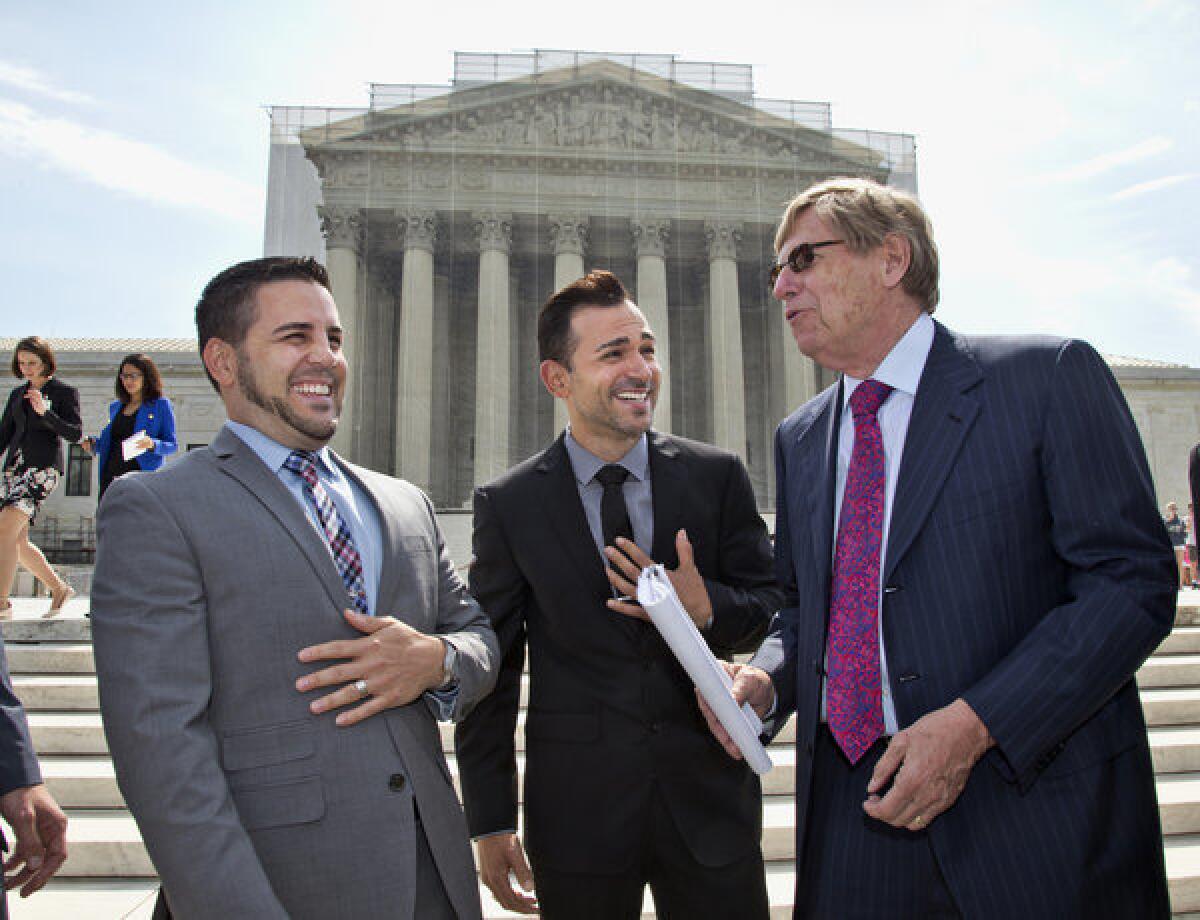 With only a few days remaining in the U.S. Supreme Court's term, several major cases are still outstanding that could have widespread political impact on same-sex marriage, voting rights and affirmative action. Above: Ted Olson, right, attorney for the Proposition 8 plaintiffs, Jeff Zarrillo, left, and Paul Katami, center, talk outside the court in Washington, D.C.