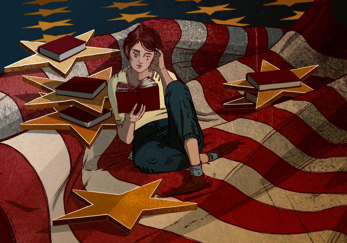 An illustration of a woman sitting on an American flag, reading a book