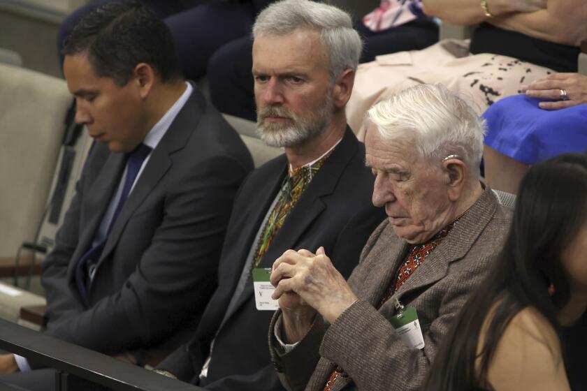 Yaroslav Hunka, right, waits for the arrival of Ukrainian President Volodymyr Zelenskyy in the House of Commons in Ottawa, Onatario on Friday, Sept. 22, 2023. The speaker of Canada’s House of Commons apologized Sunday, Sept. 24, for recognizing Hunka, who fought for a Nazi military unit during World War II. Just after Zelenskyy delivered an address in the House of Commons on Friday, Canadian lawmakers gave the 98-year-old a standing ovation when Speaker Anthony Rota drew attention to him. (Patrick Doyle/The Canadian Press via AP)
