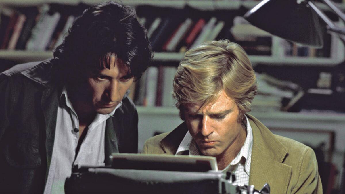 Dustin Hoffman, left, and Robert Redford in the 1976 political thriller "All the President's Men," on Cinemax.