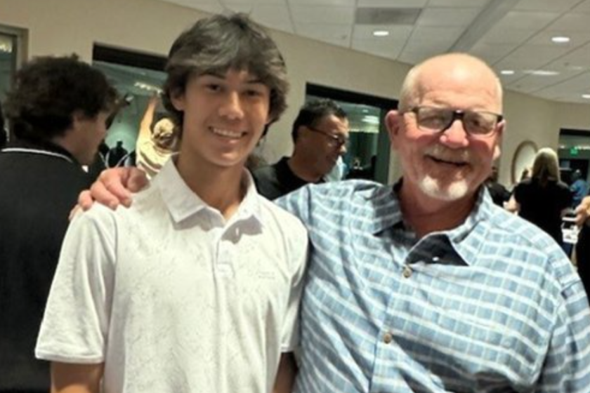 Norco coach Gary Parcell, right, and freshman baseball player Dylan Seward.