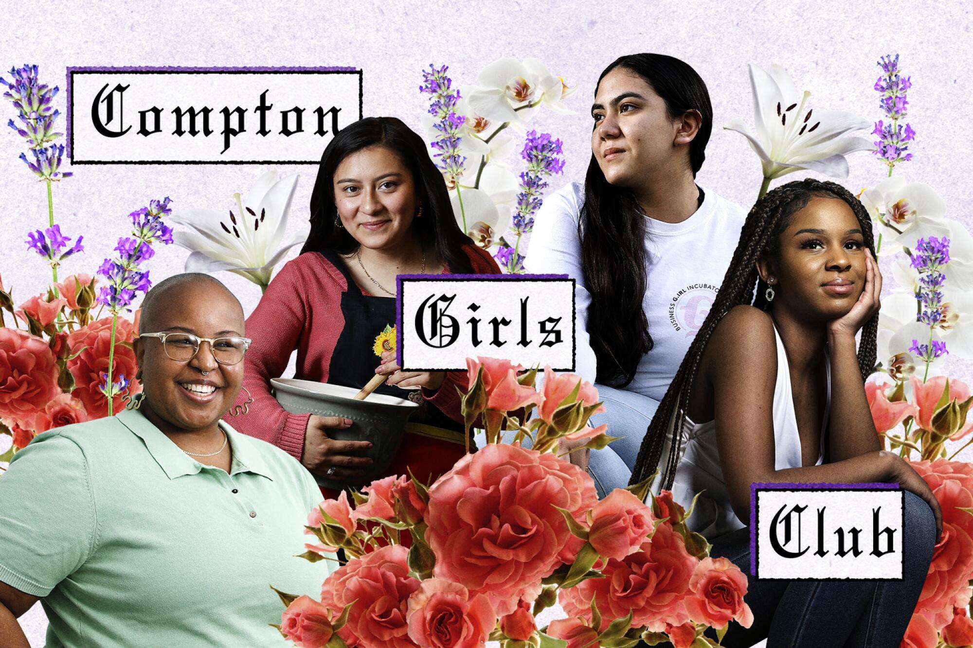 An illustration spotlighting the founder and three members of the Compton Girls Club.
