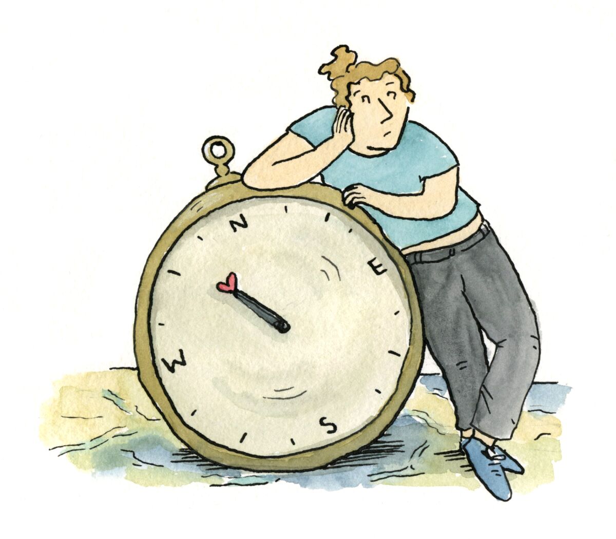 Illustration of a woman leaning against an oversized compass with a heart on the pointer