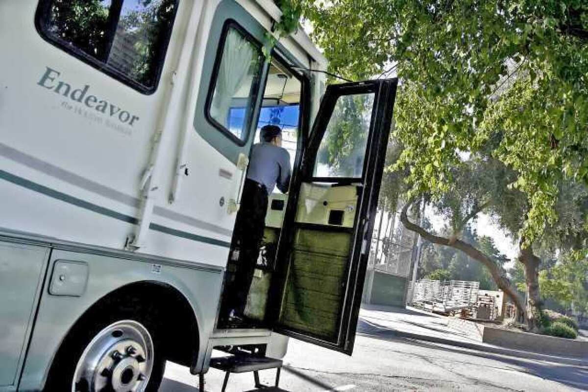 A camper who did not want to be identified parks his motor home at George Izay Park in Burbank. The camper said he is retired, used to live close to this location but now does not have a home. He spends his time between Burbank and Texas.