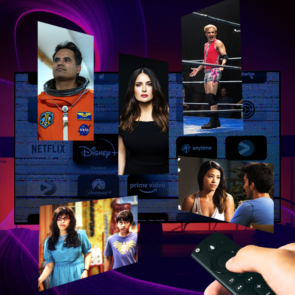 Images of different Latino shows, with a hand pointing a remote control at the screens