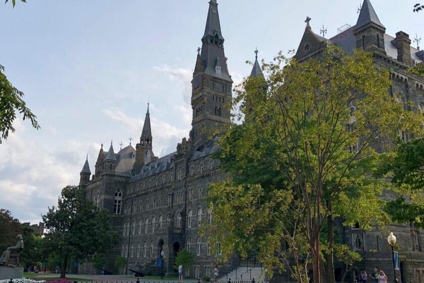 (FILES) This file photo taken on August 19, 2018 shows the Georgetown University campus in Washington, DC. - Students at Georgetown University have approved a fund that would benefit the descendants of slaves sold by the elite Jesuit school in the 1800s. Creation of the reparations fund was approved in a student referendum and the results were announced late April 11, 2019. The Georgetown University Student Association (GUSA) said 2,541 students voted in favor of the measure while 1,304 opposed it. (Photo by Daniel SLIM / AFP)DANIEL SLIM/AFP/Getty Images ** OUTS - ELSENT, FPG, CM - OUTS * NM, PH, VA if sourced by CT, LA or MoD **