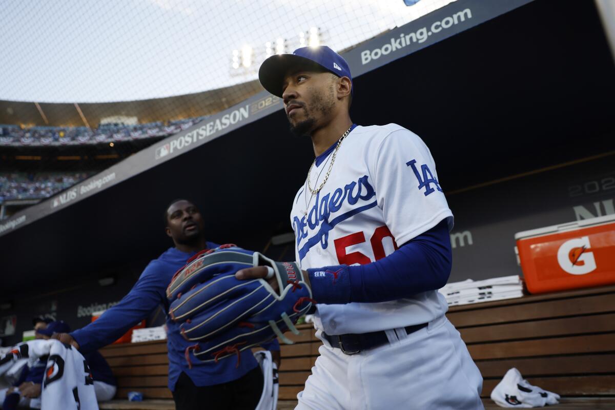 Dodgers second baseman Mookie Betts takes the field during the first inning of Game 2 of the NLDS.