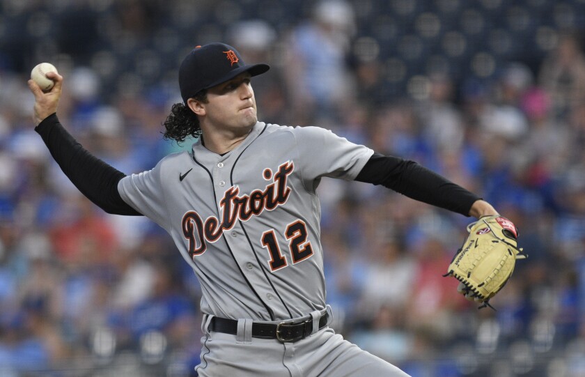 Detroit Tigers starting pitcher Casey Mize throws to a Kansas City Royals batter during the fifth inning of a baseball game in Kansas City, Mo., Tuesday, June 15, 2021. (AP Photo/Reed Hoffmann)