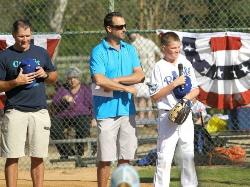 Board Vice President Mike Sweeney, President Jeff Daley, player MJ Sweeney at Rancho Santa Fe Little League's 2016 Opening Day ceremonies Feb. 27 at RSF Sports Field. Photo by Jon Clark