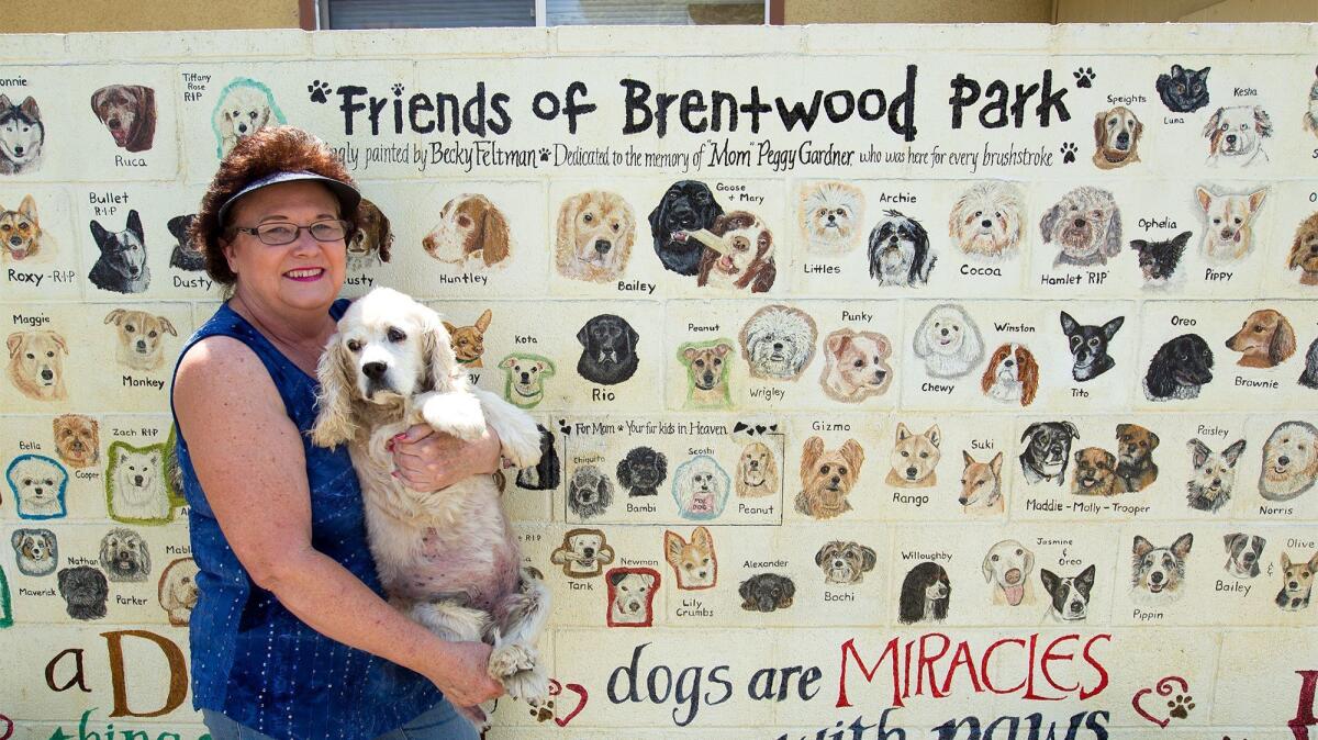 Becky Feltman holds her cocker spaniel in front of her Friends of Brentwood Park mural outside her Costa Mesa home.
