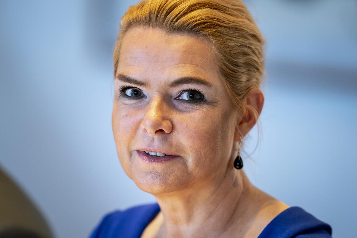Inger Stoejberg, who served as integration minister from 2015 to 2019, in Copenhagen, Thursday Sept. 2, 2021. Denmark's rarely used Court of Impeachment gathered Thursday to try a former immigration minister over a 2016 order to separate asylum-seeking couples when one of the pair was a minor. (Martin Sylvest/Ritzau Scanpix)