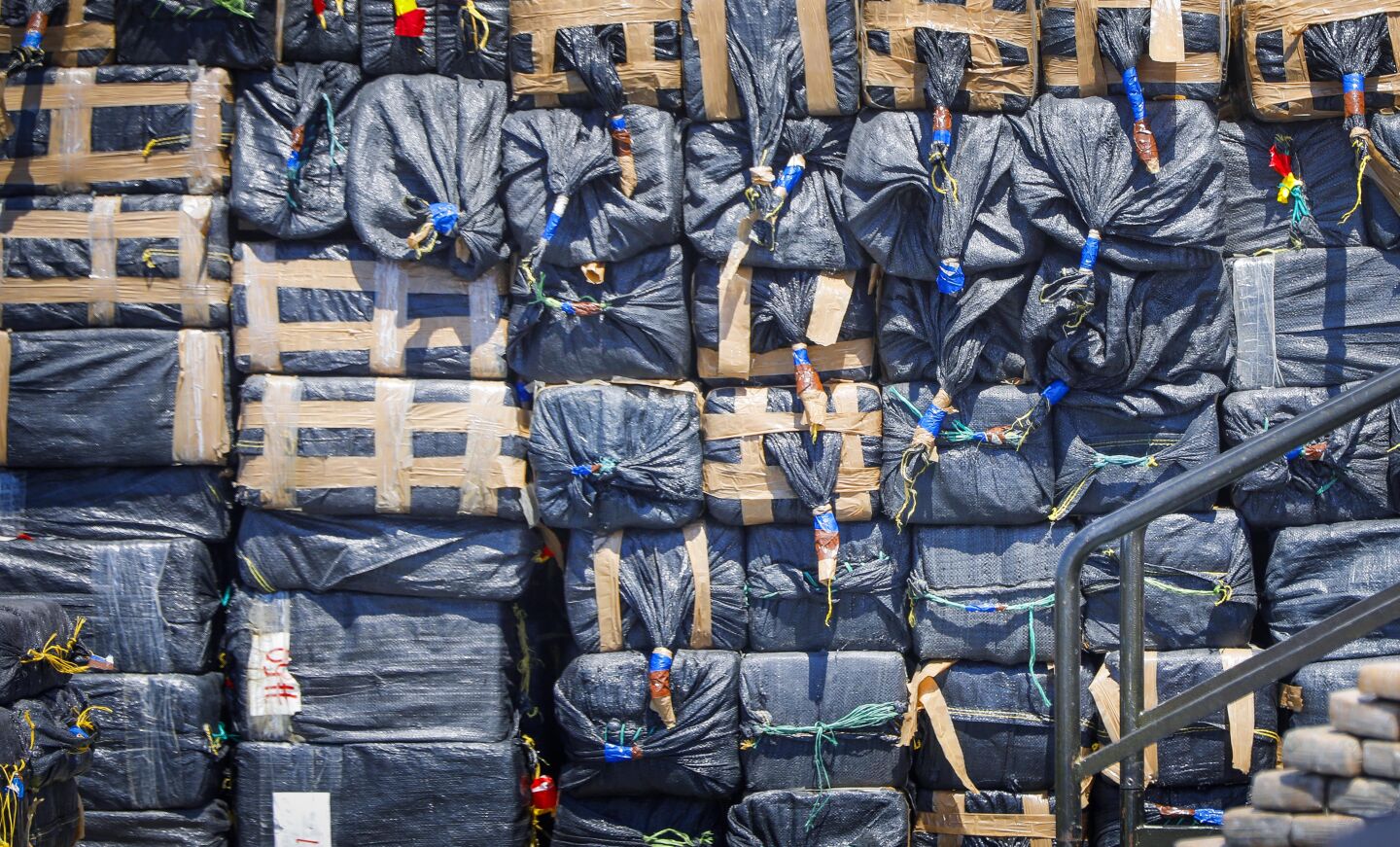 Some of the nearly 39,000 pounds of cocaine and almost 1,000 pounds of marijuana seized in the Eastern Pacific Ocean in the last few months by the Coast Guard was on display during the visit of Vice President Mike Pence aboard the Coast Guard cutter, Munro, July 11, 2019, at Naval Air Station North Island in Coronado, California. The Munro, homeported in Alameda, in Northern California, is tasked with seizing drugs in international waters.