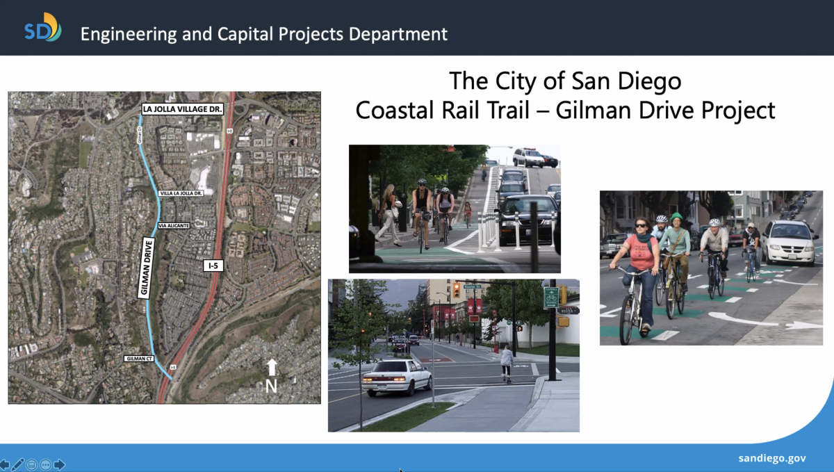 The Coastal Rail Trail seeks to add a Class IV protected bikeway along Gilman Drive in La Jolla (sample photos).