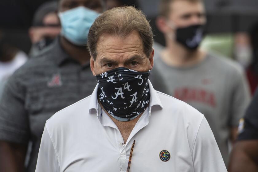 FILE - In this Aug. 31, 2020, file photo, Alabama head football coach Nick Saban.