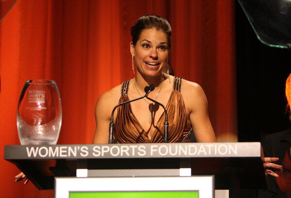 U.S. Olympic softball player Jessica Mendoza speaks on stage during the 29th annual Salute to Women in Sports Awards presented by the Women's Sports Foundation in New York City.