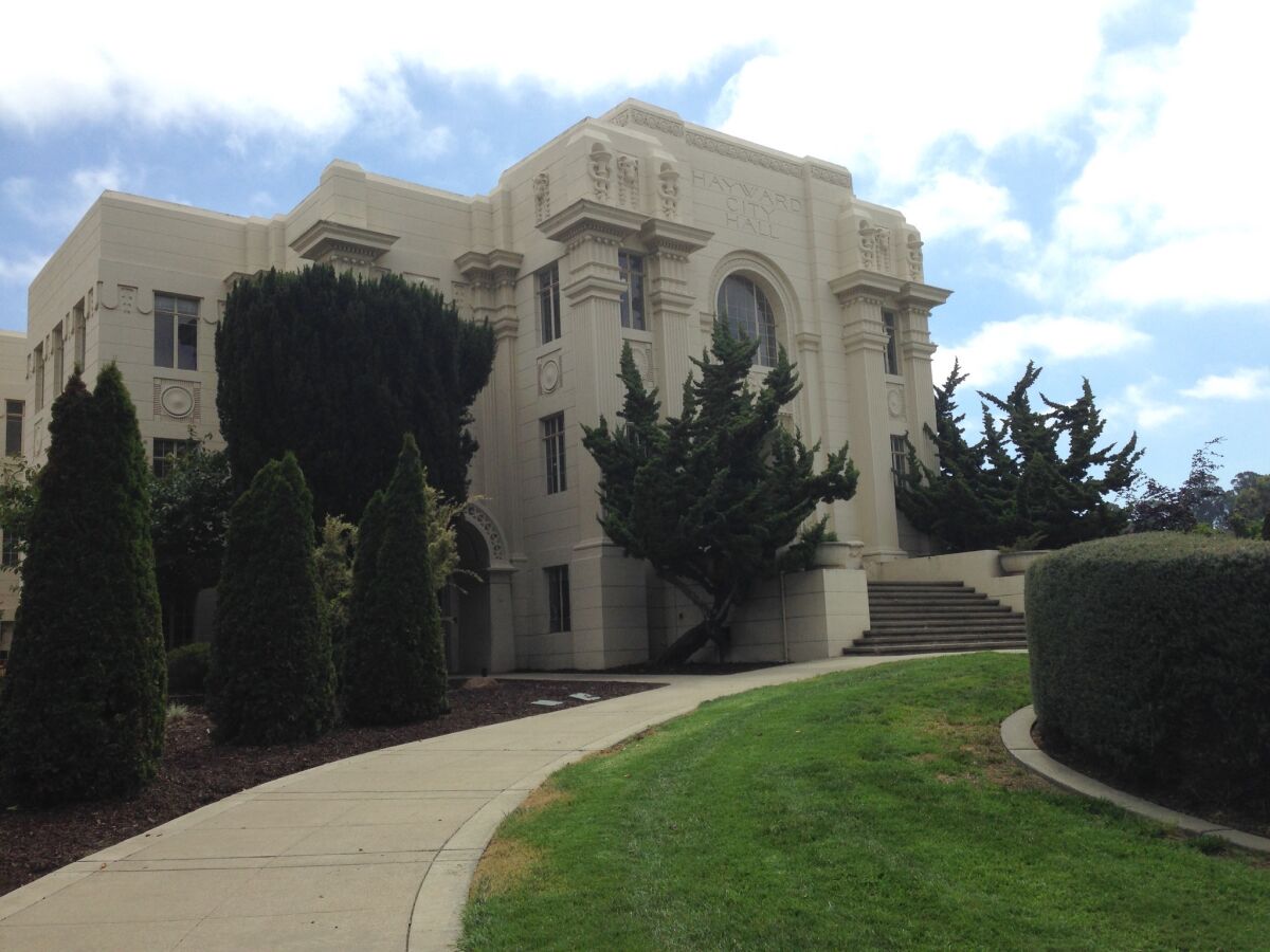 The historic Hayward City Hall was closed because it sits directly on top of the Hayward fault, which is pulling the building apart. (Rong-Gong Lin II / Los Angeles Times )