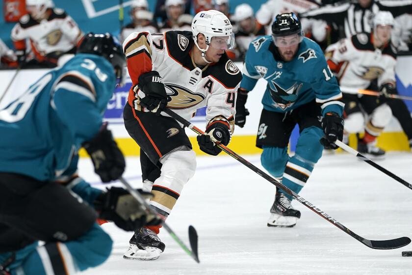Anaheim Ducks defenseman Hampus Lindholm (47) skates past San Jose Sharks right wing Stefan Noesen.