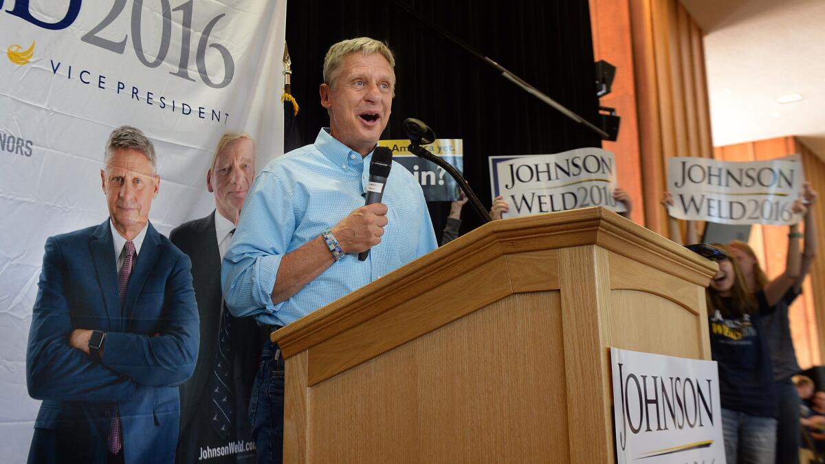 Gary Johnson, Libertarian candidate for president, speaks in Salt Lake City.