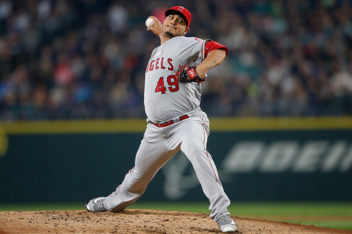 Angels right-hander Jhoulys Chacin throws a pitch during the second inning of a game against the Mariners on May 14 in Seattle.