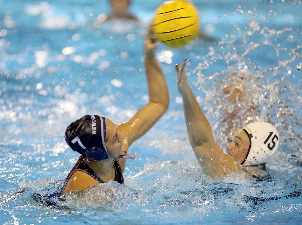 Newport Harbor's Avery Montiel (7) throws in a goal early in the first period during Wednesday's Open Division semifinals.