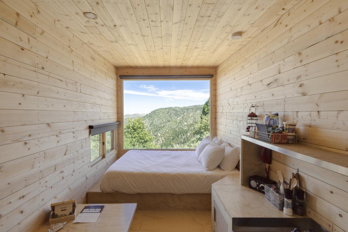 Inside the cabin with a window. 