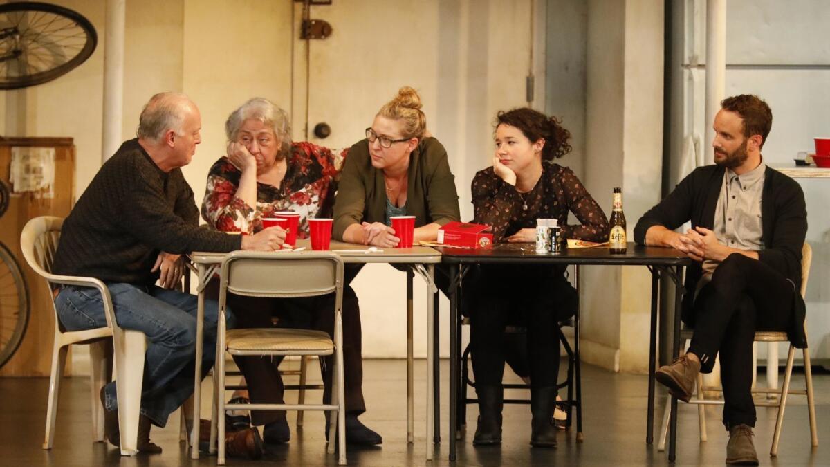 "The Humans" at the Ahmanson Theatre in June with Reed Birney, from left, Jayne Houdyshell, Cassie Beck, Sarah Steele and Nick Mills.