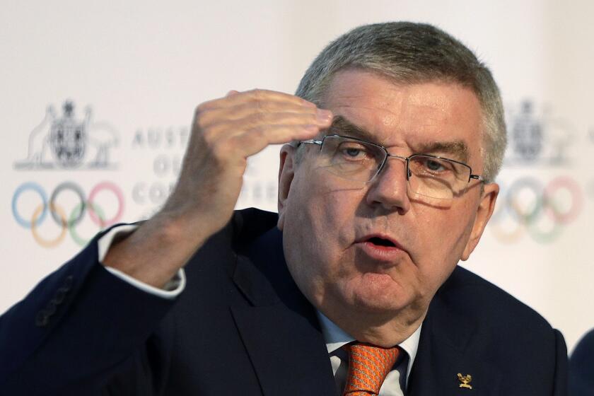 FILE - In this May 4, 2019, file photo, International Olympic Committee President Thomas Bach speaks.
