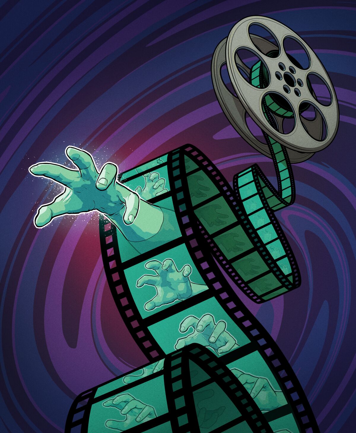 An illustration of ghostly hands reaching out from film strips.