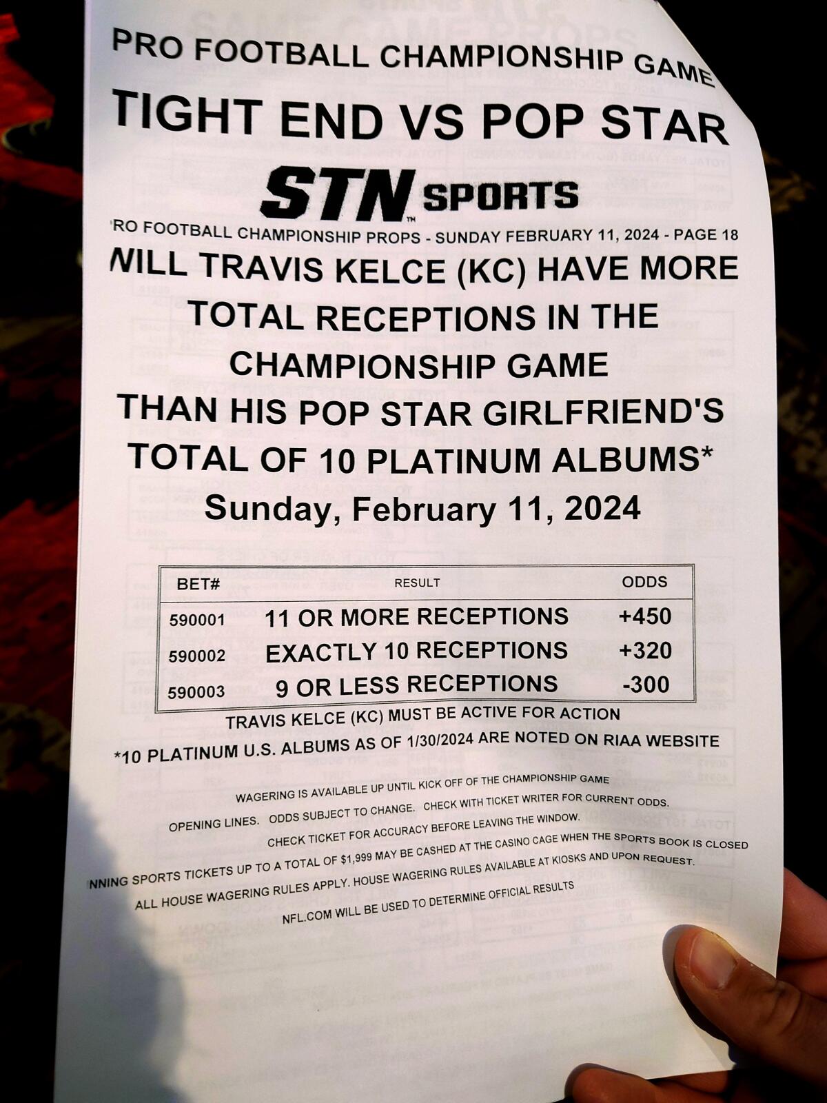 A sports bet is written out asking about Taylor Swift and Travis Kelce