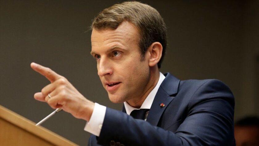French President Emmanuel Macron speaks to reporters at United Nations headquarters in September 2017.