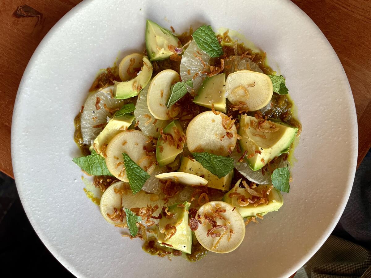 Oroblanco and avocado salad with golden turnip, curry and mint at Rustic Canyon.