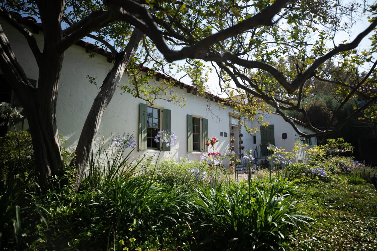 A small one-story house with shutters is framed through greenery