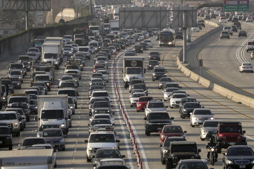 LOS ANGELES CA OCTOBER 12, 2017 --- For nearly five years, the 110 Freeway's carpool lanes have been open to solo drivers who want to avoid bumper-to-bumper traffic. But that privilege comes at a price. Driving the 11-mile toll route from the 105 Freeway to downtown Los Angeles can cost $20 or more during the most congested periods of morning rush hour - for the drivers who actually pay, that is. On any given morning, more than 25% of drivers in the toll lanes have evaded the single-driver toll, a problem that has become the top issue for Metropolitan Transportation Authority's traffic officials. The high scofflaw rate has harmed the efficiency of the lanes, driving up prices and slowing down speeds for the customers who did pay to enter, they said. (Irfan Khan / Los Angeles Times)