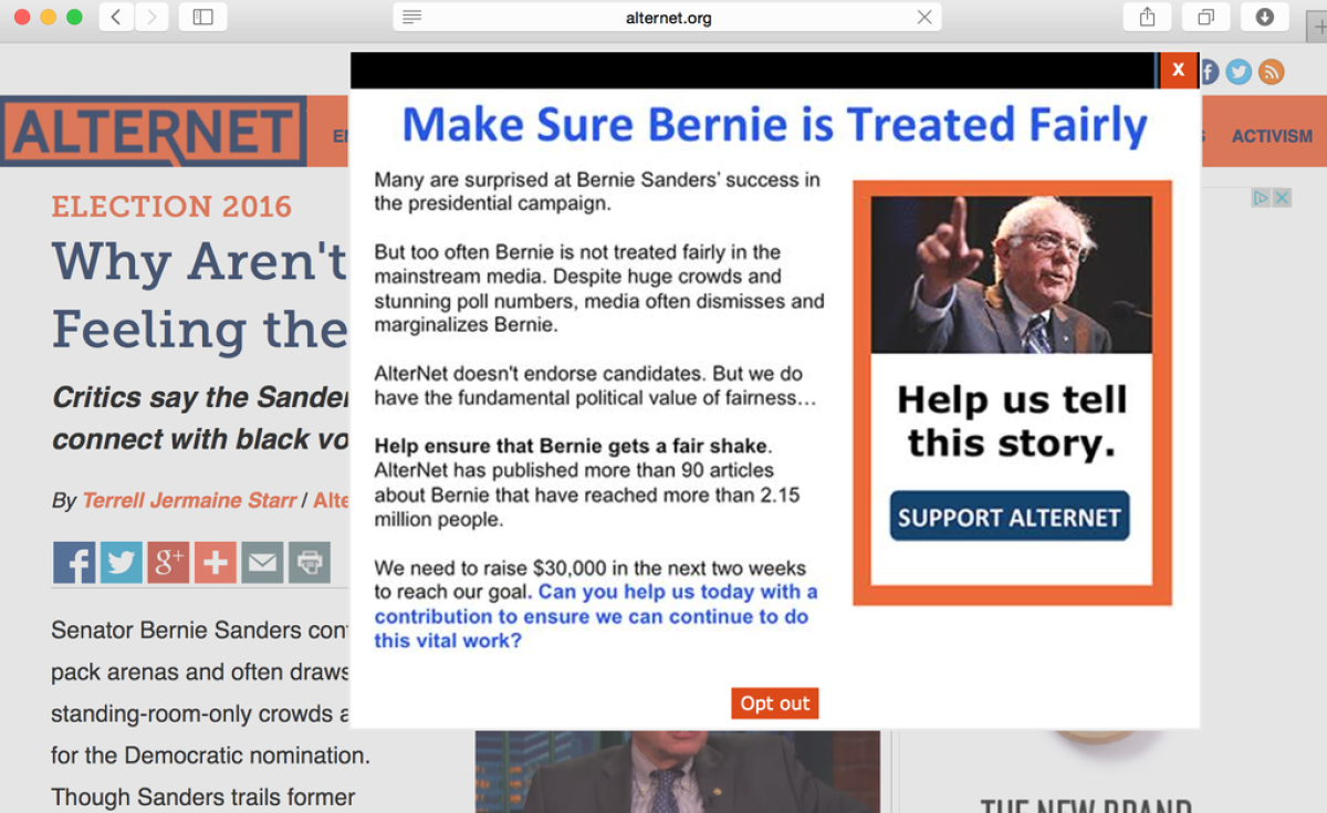 A pop-up advertisement shown on Alternet.org