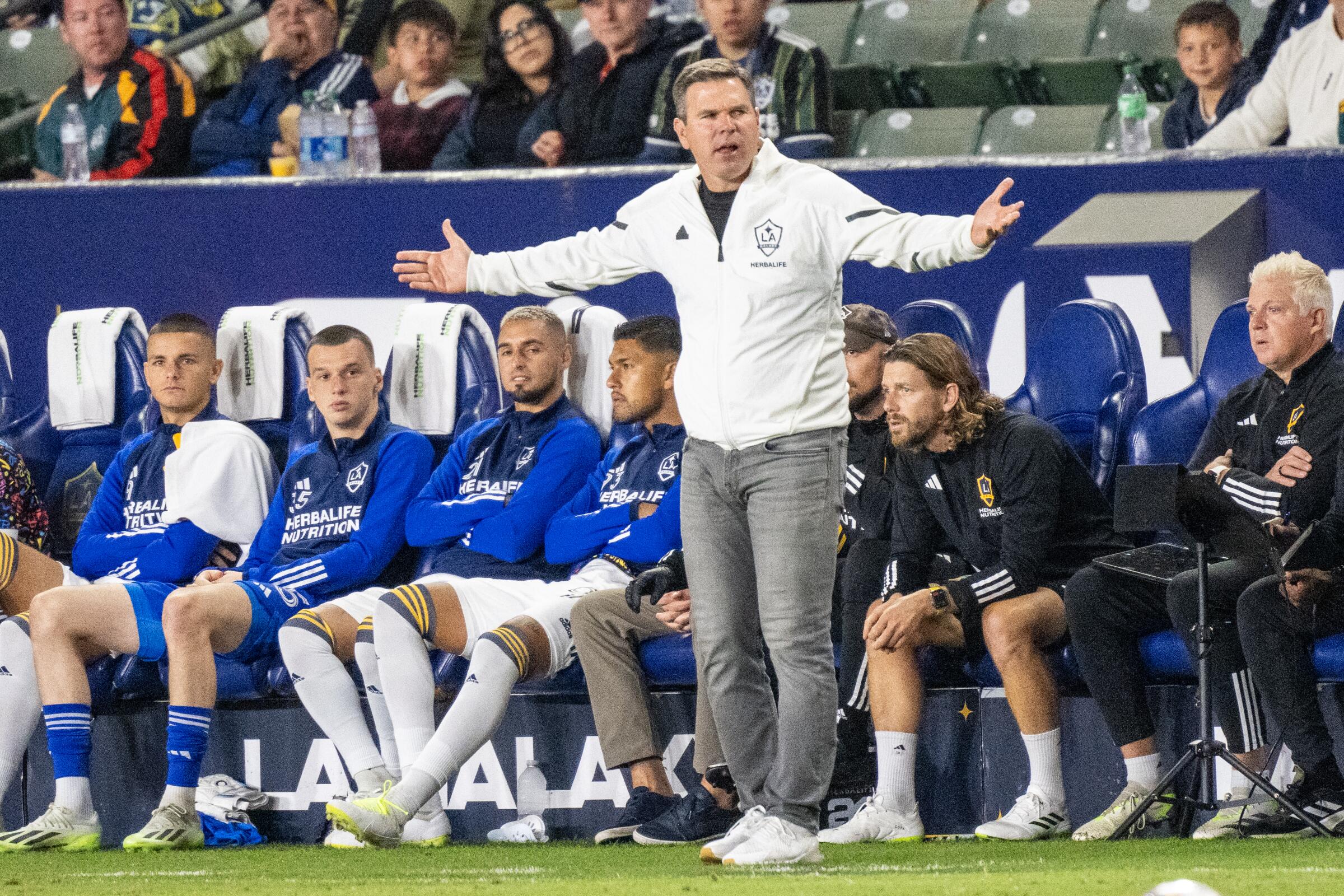 Galaxy coach Greg Vanney complains during a match against the Portland Timbers in September.