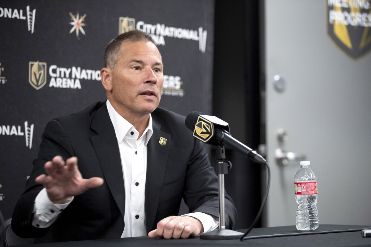 Bruce Cassidy, new head coach of the Vegas Golden Knights, responds to a question during an NHL hockey news conference at City National Arena in Las Vegas, Thursday, June 16, 2022. (Steve Marcus/Las Vegas Sun via AP)
