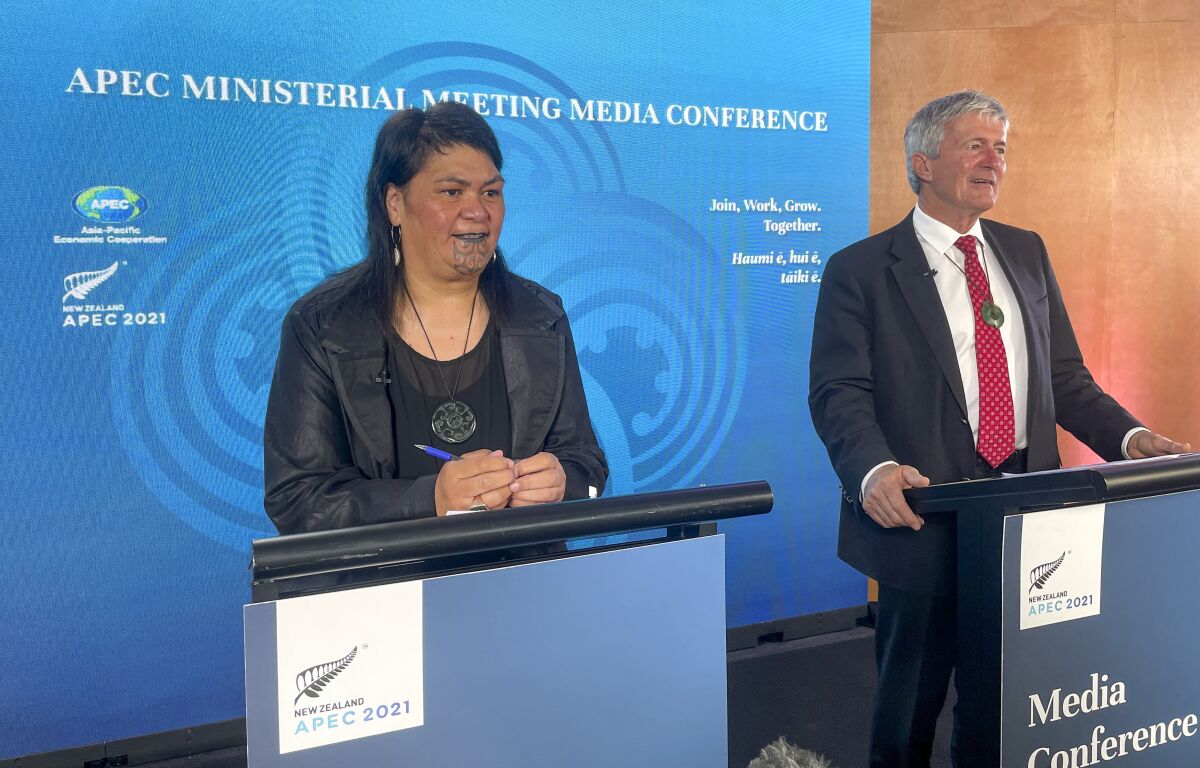 New Zealand Foreign Affairs Minister Nanaia Mahuta, left, and New Zealand Trade Minister Damien O'Connor address a press conference, in Wellington, New Zealand, Wednesday, Nov. 10, 2021. Making coronavirus vaccines more accessible and reducing carbon emissions were two key pledges that Pacific Rim senior officials could agree to Wednesday. (AP Photo/Nick Perry)