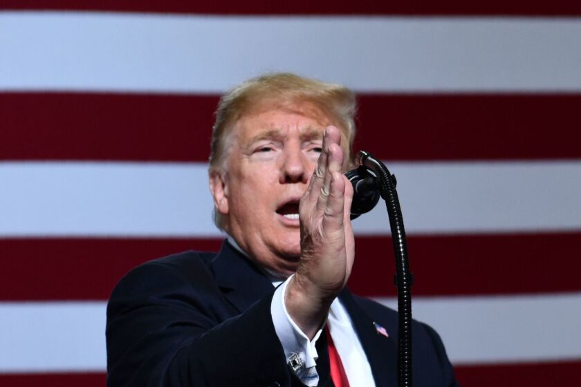 TOPSHOT - US President Donald Trump speaks during a "Make America Great" rally in Mesa, Arizona on October 19, 2018. - US President Donald Trump said Friday, October 19, 2018, that he found credible Saudi Arabia's assertion that dissident journalist Jamal Khashoggi died as a result of a fight. (Photo by Nicholas Kamm / AFP)NICHOLAS KAMM/AFP/Getty Images ** OUTS - ELSENT, FPG, CM - OUTS * NM, PH, VA if sourced by CT, LA or MoD **