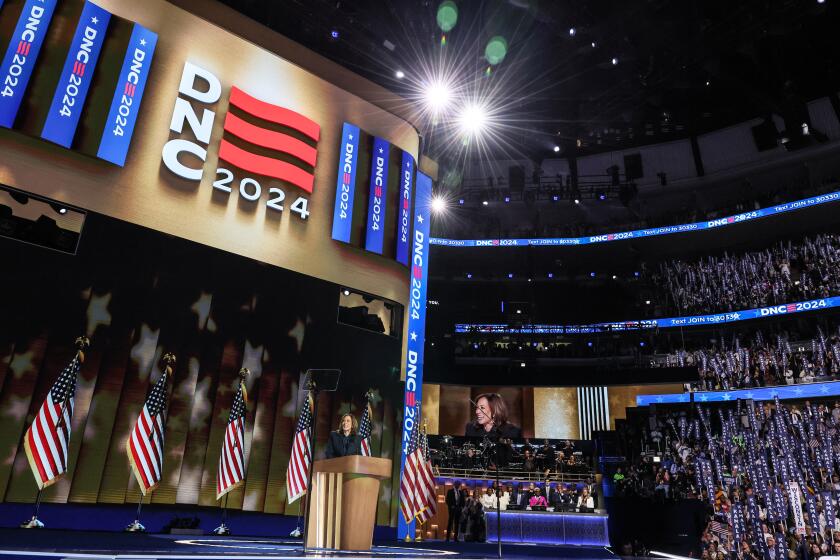 Chicago, Ill, Wednesday, August 21, 2024 - Vice President Kamala Harris delivers a speech at the Democratic National Convention at the United Center. (Robert Gauthier/Los Angeles Times)