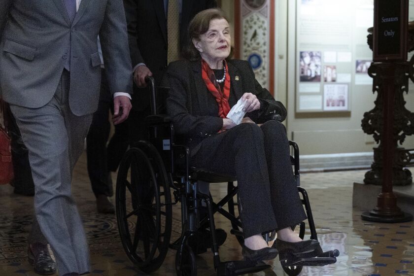 Sen. Dianne Feinstein, D-Calif., arrives in a wheelchair at the Capitol on Wednesday, May 10, 2023, in Washington. (AP Photo/Jose Luis Magana)