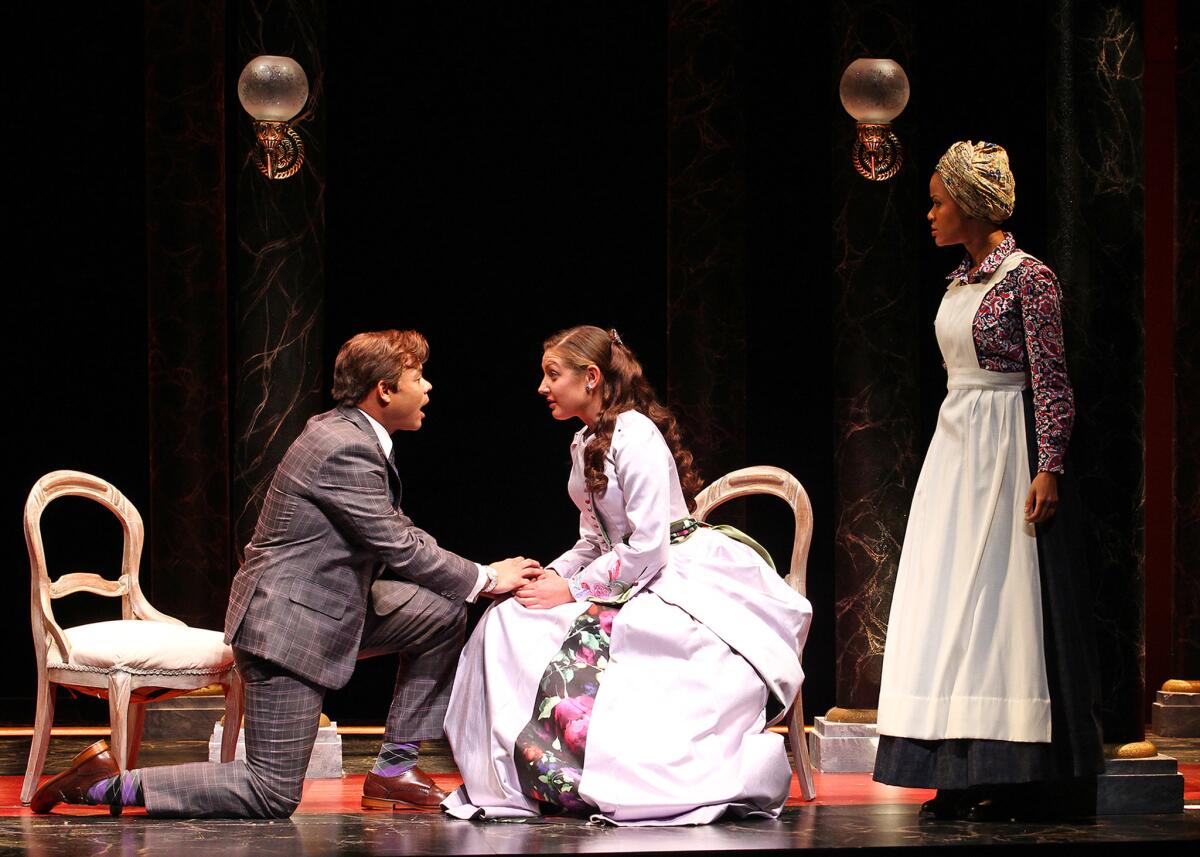 Chris Butler, Helen Sage Howard Simpson and Kristy Johnson in South Coast Repertory's 2016 production of "District Merchants" by Aaron Posner.