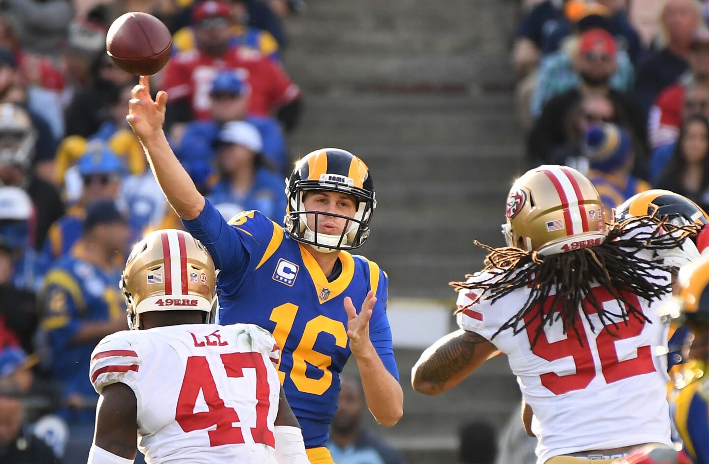 Rams quarterback Jared Goff throws a pass against the 49ers.