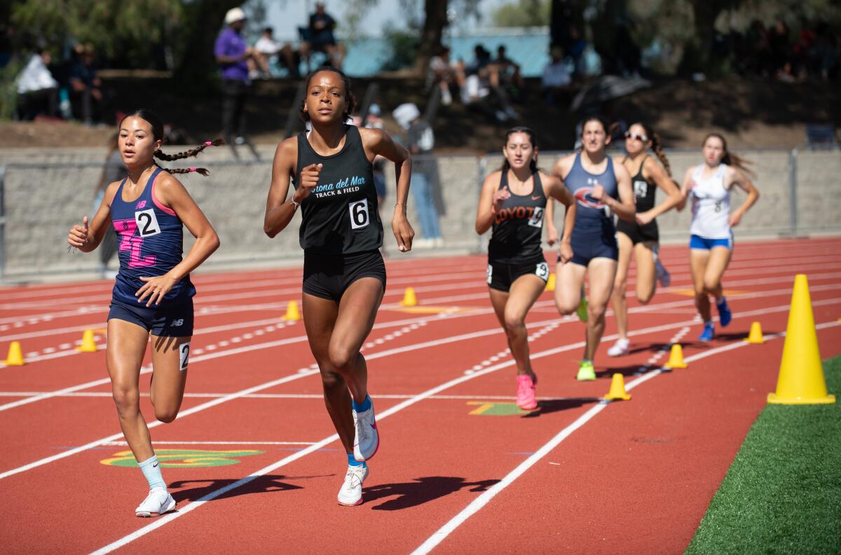 Corona del Mar's Melisse Djomby Enyawe competes in the 800 meters during the CIF Southern Section track and field finals.