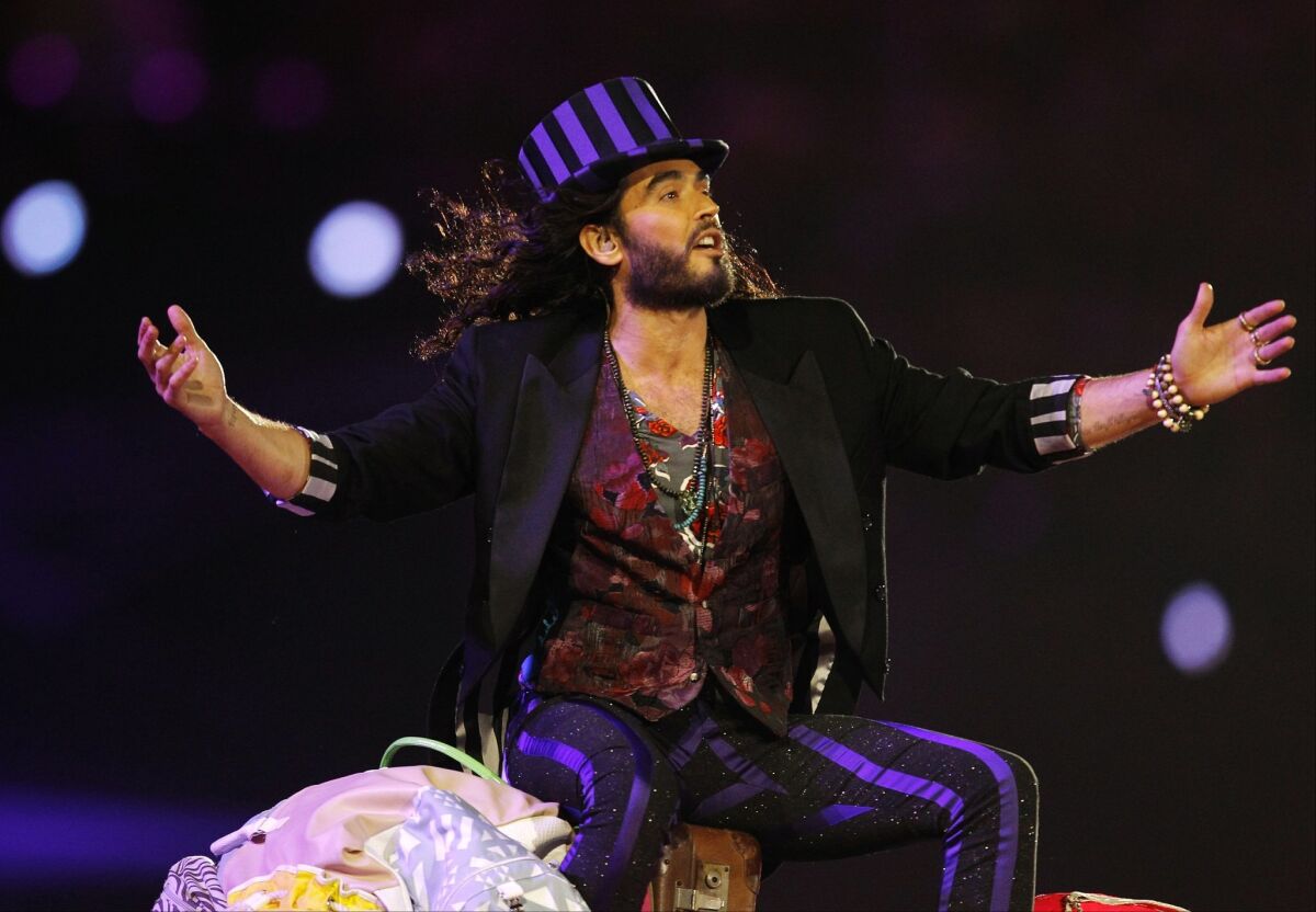 Comedian and actor Russell Brand, shown above performing at the closing ceremony of the 2012 Summer Olympics in London, is embarked on what is likely his most sobering tour to date.