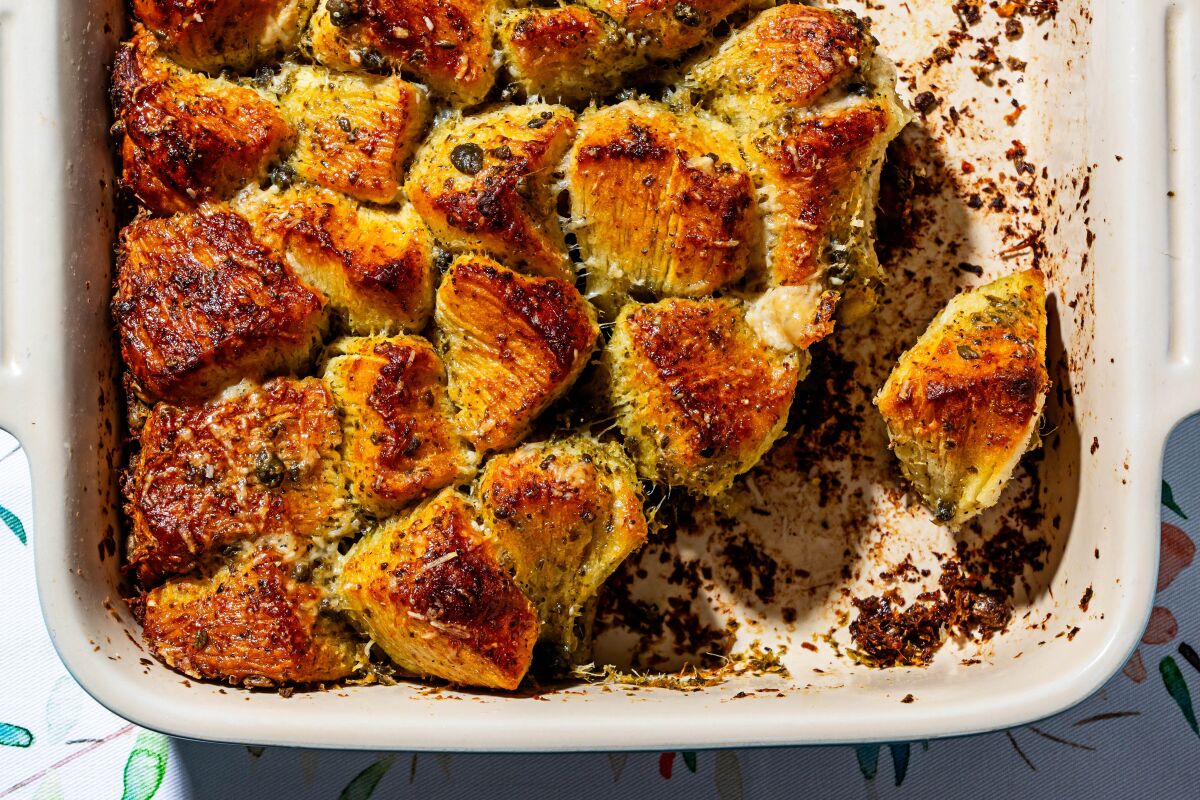 Browned monkey bread with pesto and Parmesan cheese.