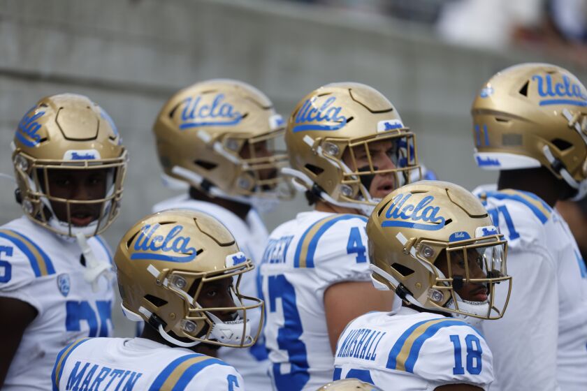 UCLA prepares to take the field against California before an NCAA college football game in Berkeley, Calif., Friday, Nov. 25, 2022. (AP Photo/Jed Jacobsohn)