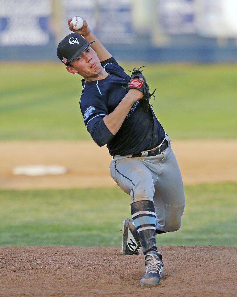 Crescenta Valley's pitcher Will Grimm delivers in the fourth inning against Burbank in a Pacific League baseball game at Burbank High School on Tuesday, April 2, 2019.