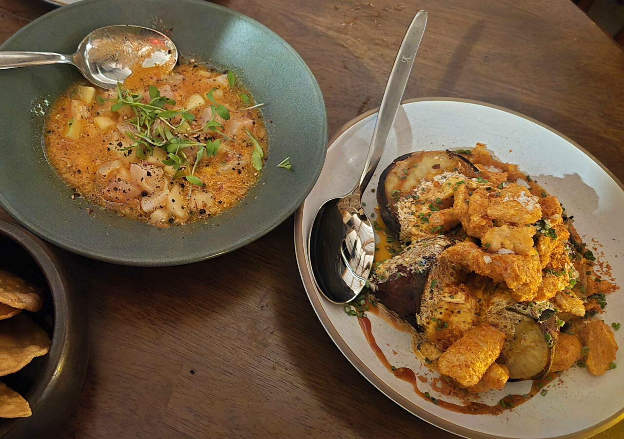 From Broken Spanish Comedor, the ceviche (left) and the camote, a coal-roasted Japanese sweet potato served with pork rinds.