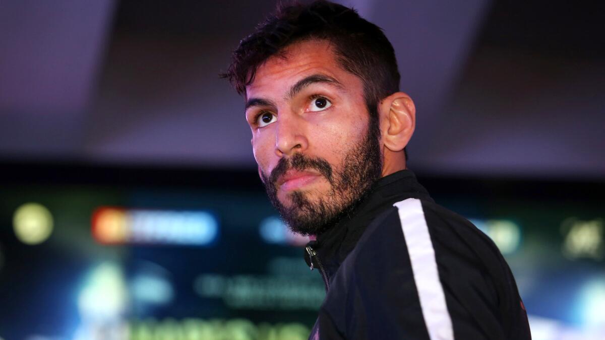 Jorge Linares prepares for a public workout at the National Football Museum in Manchester, England, on March 22.